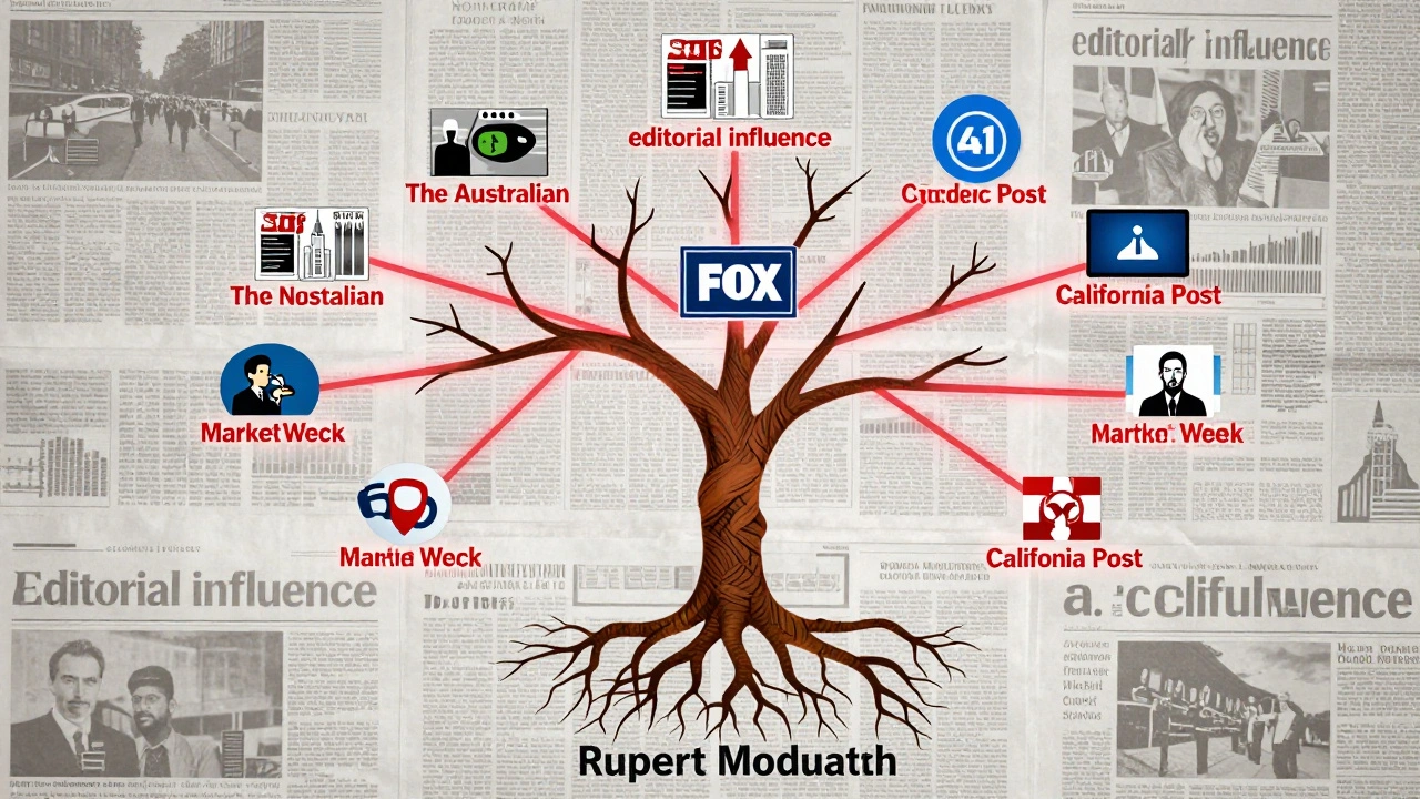 Family tree with Murdoch name at the root, branching into major media outlets and digital platforms.