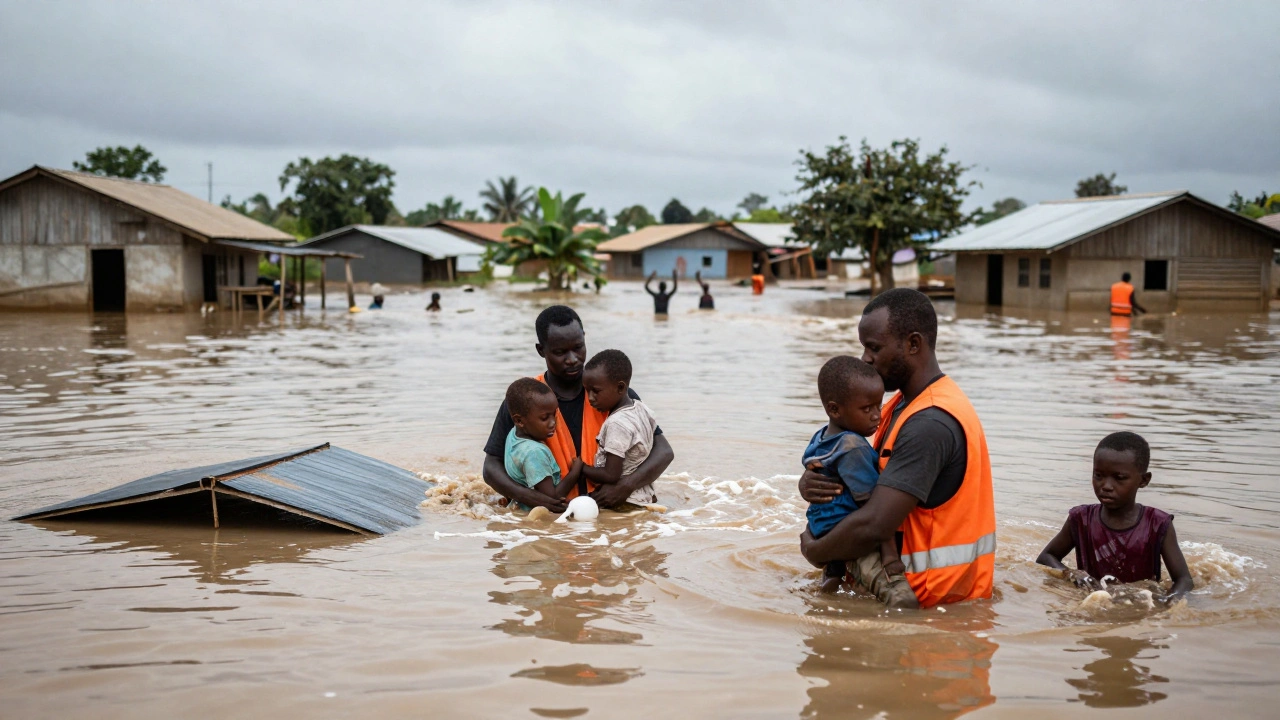 Flood victims in Mozambique being rescued from rising waters amid destroyed homes and muddy debris.