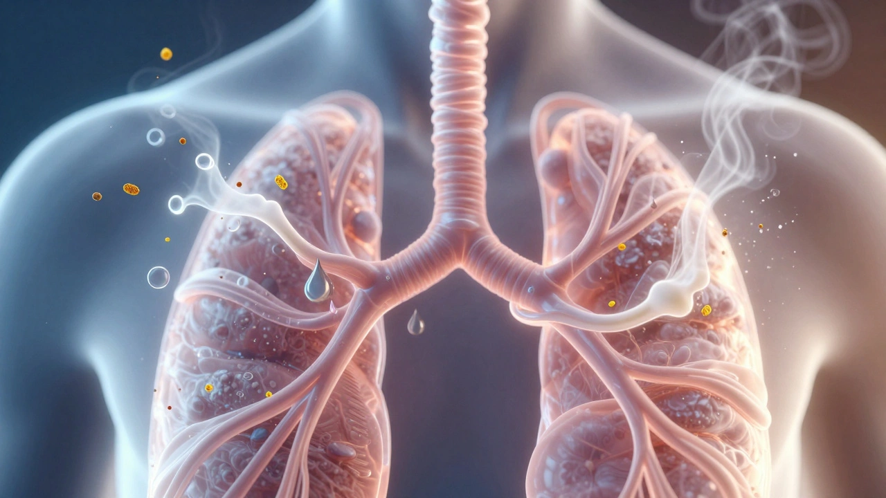 Glowing airway pathways with pollen, acid droplets, and smoke triggering mucus production in abstract form.