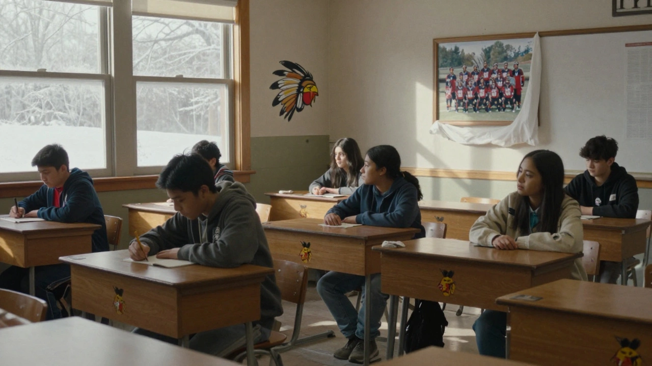 Haudenosaunee students sit in a classroom with faded mascot imagery partially covered on the walls.