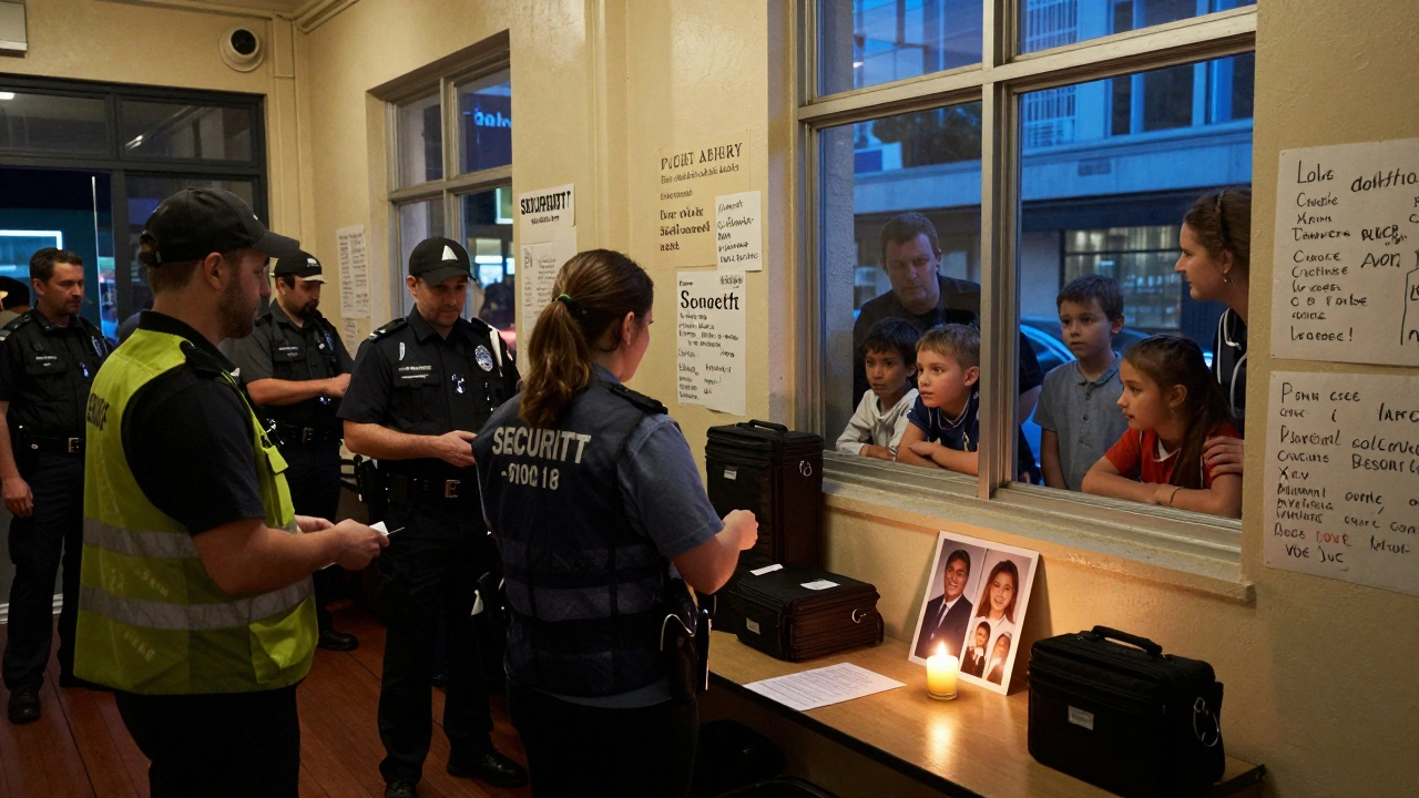 Jewish community members in Sydney receiving security supplies, children watching nervously from inside.