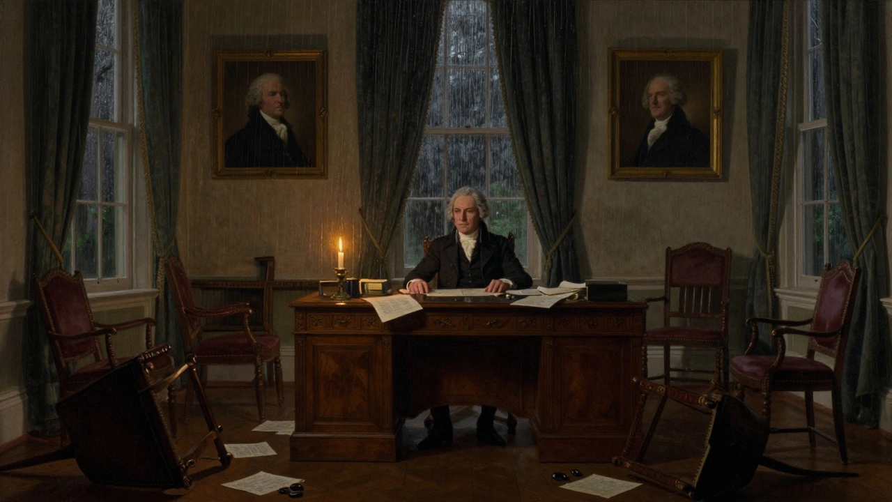 John Tyler isolated in the White House, empty chairs, candlelight, stormy windows.