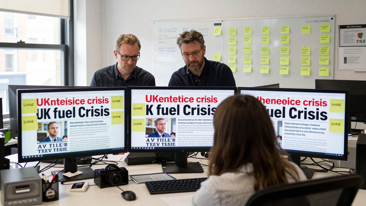 Journalists in a London newsroom reviewing headline options for breaking UK news.
