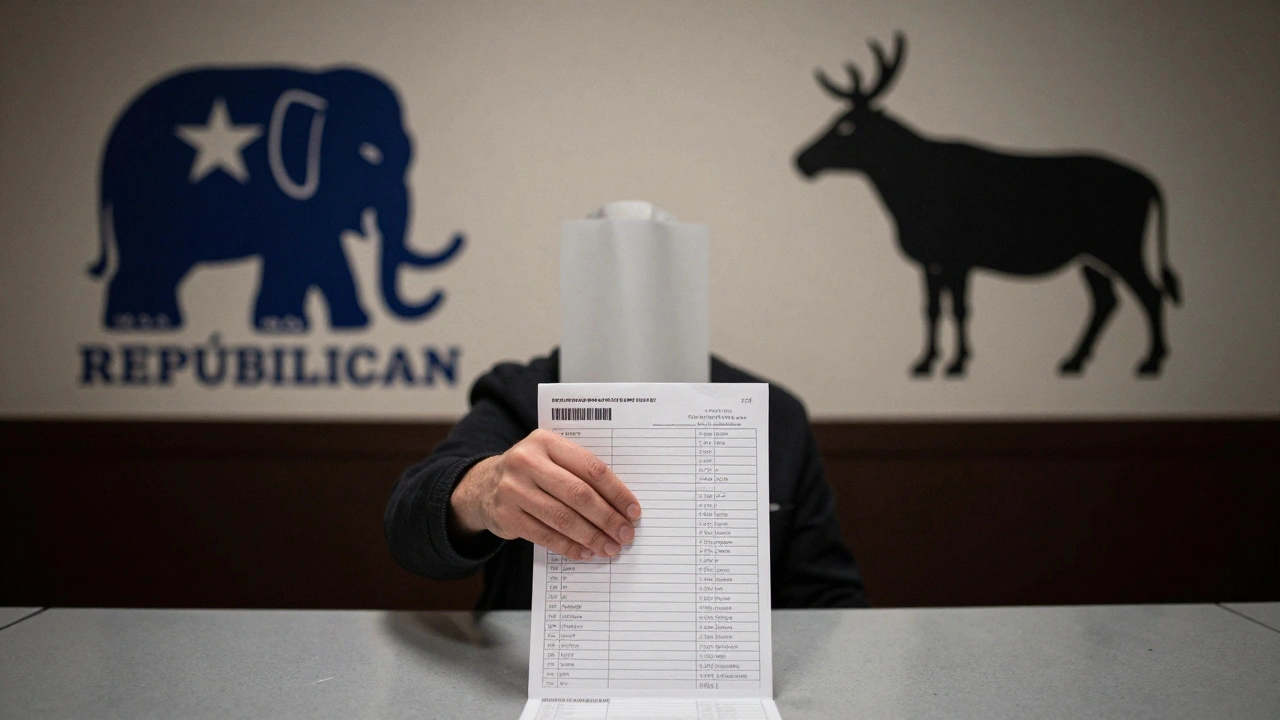 Lone voter reaching for a ballot as party symbols loom behind them in a polling station.