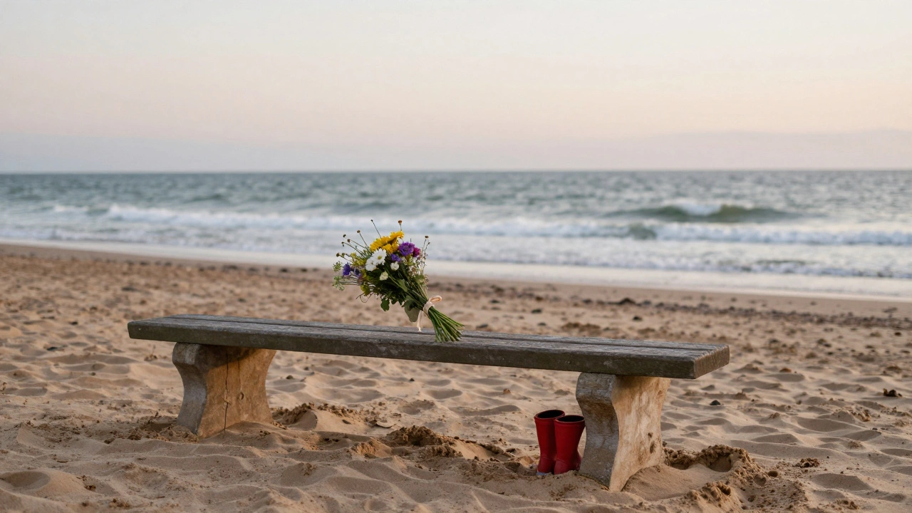 Memorial bouquet on a beach bench overlooking the sea, symbolizing civilian heroism.