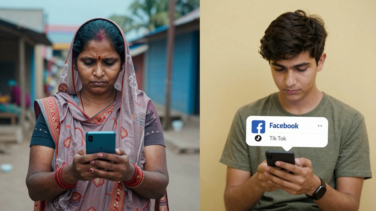 Middle-aged woman using Facebook Lite on a phone in rural India, while a teen ignores Facebook on TikTok in London.
