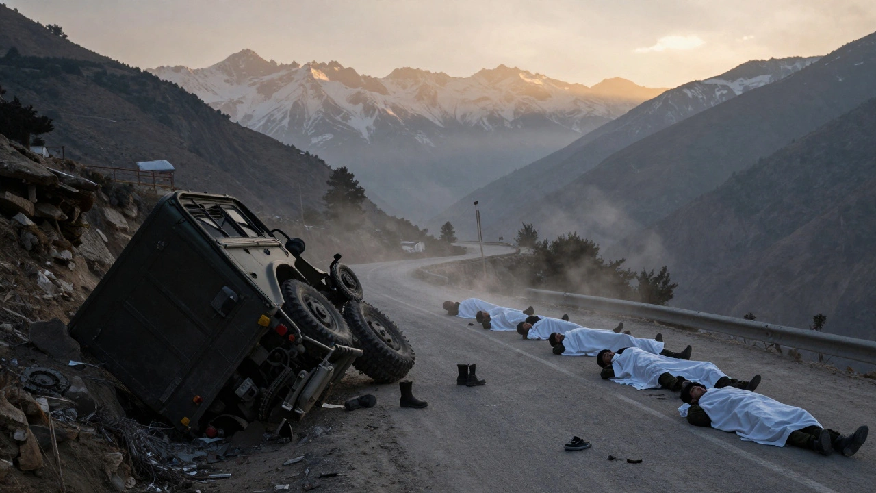 Military truck overturned on a snowy mountain road in Kashmir, soldiers lying under white shrouds at dawn.