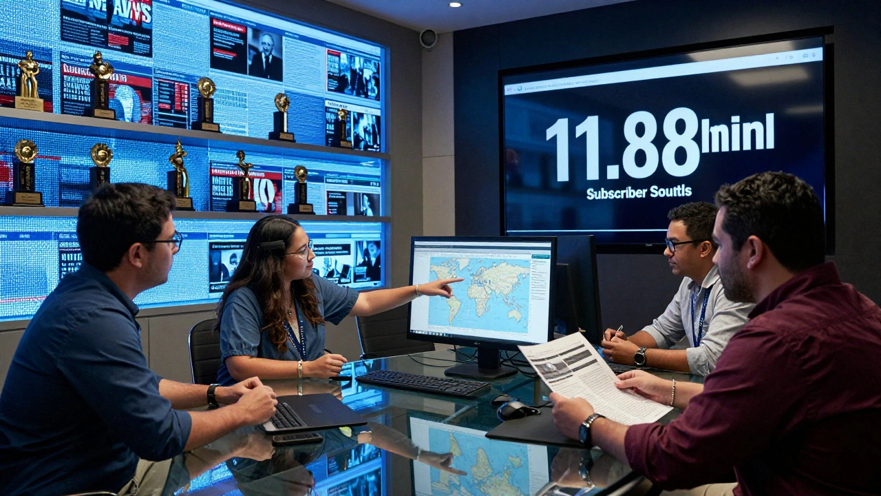 Modern NYT digital newsroom with diverse staff monitoring global news on multiple screens.