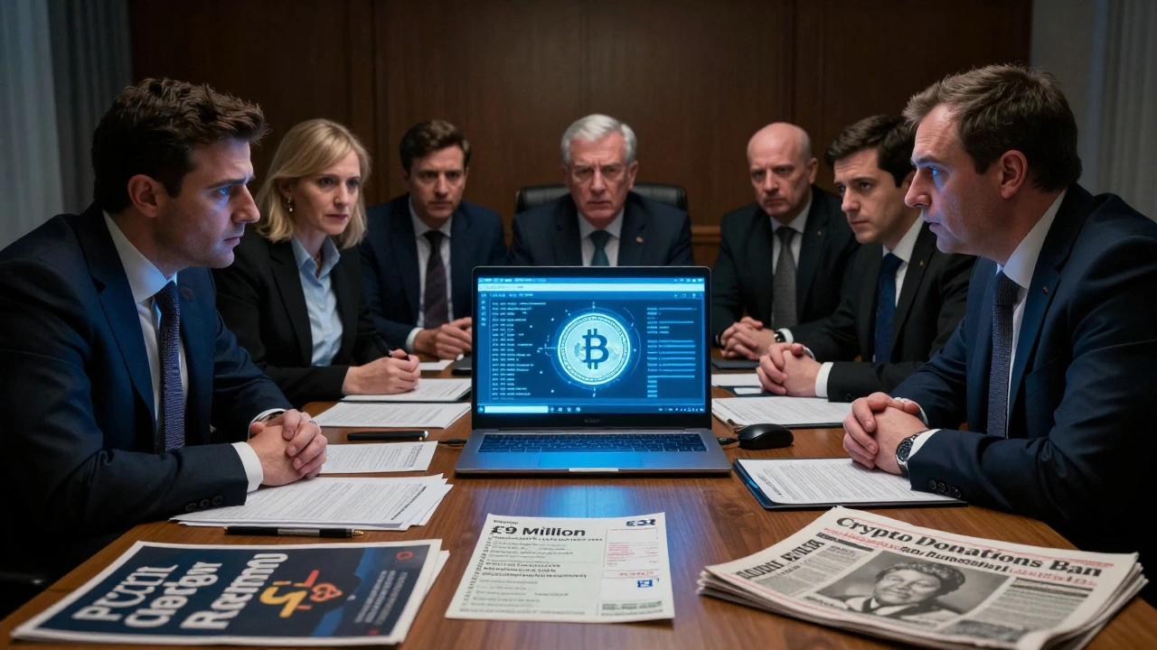 MPs examine a cryptocurrency transaction screen in a dim room, concerned about foreign influence in political funding.