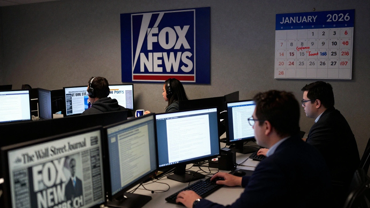 Newsroom with Wall Street Journal and Fox News on screens, January 2026 calendar marked for California Post launch.