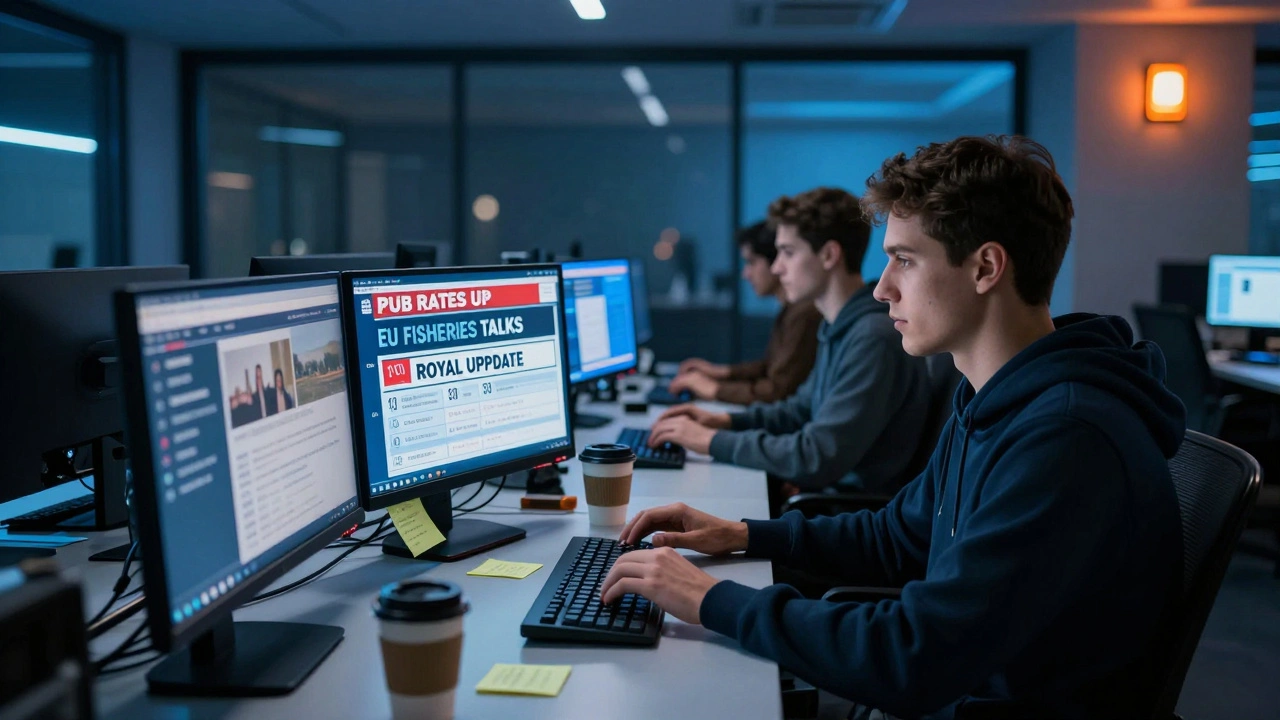 Nighttime digital newsroom with journalists monitoring breaking news on multiple screens.