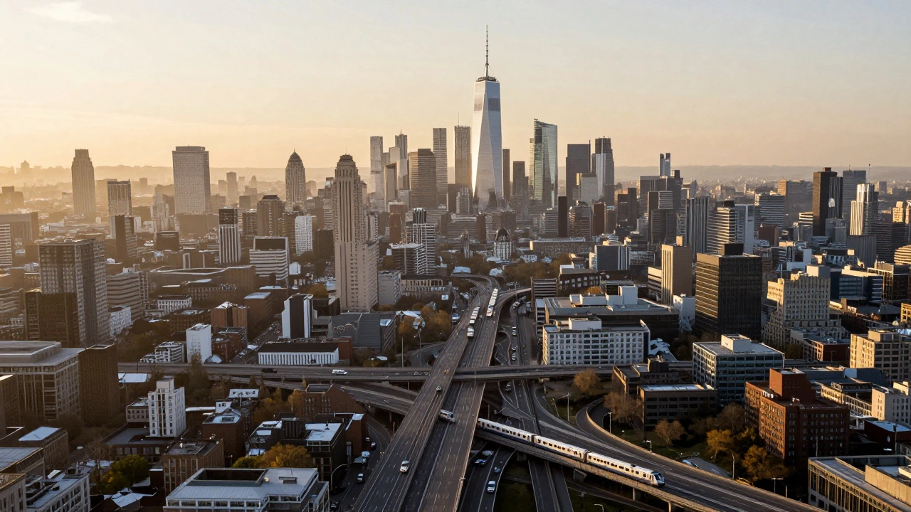 Panoramic view of the sprawling New York metropolitan area at sunrise versus the more contained London skyline.