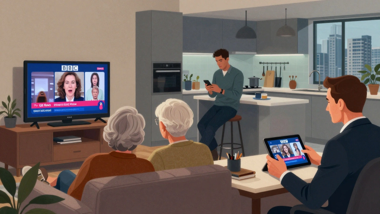 People of different ages and backgrounds watching news on various devices in their homes and workplaces.