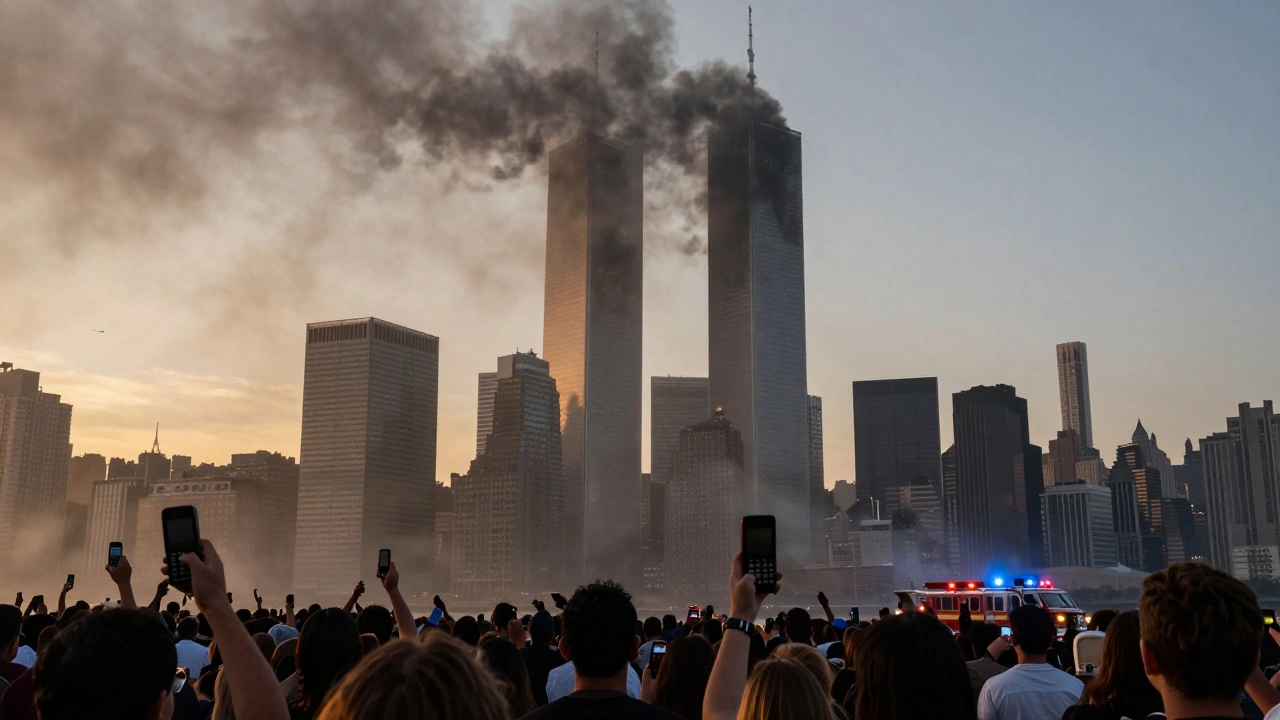 People staring in horror at the smoking Twin Towers on September 11, 2001.