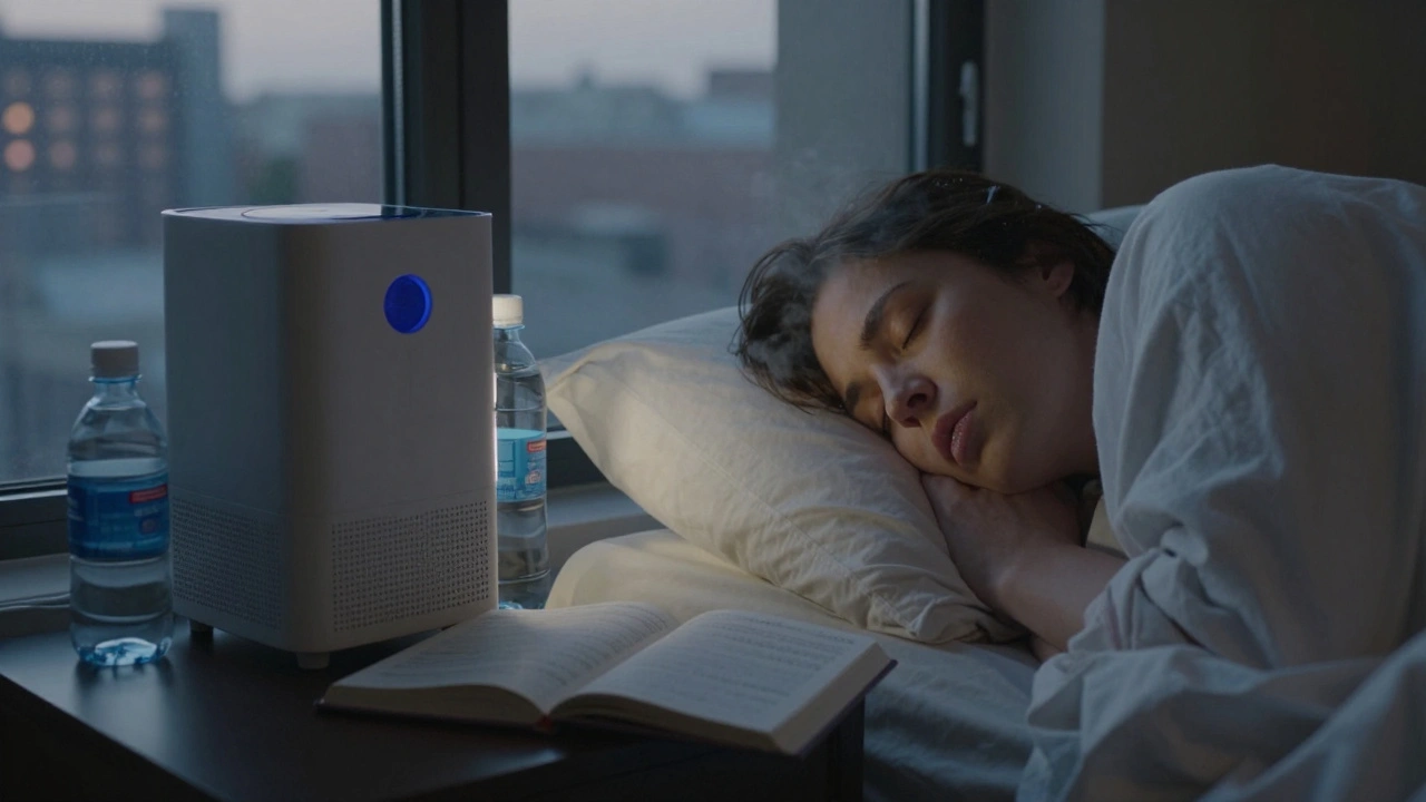 Person sleeping with head elevated, air purifier on, journal open — silent mucus cough in peaceful bedroom.