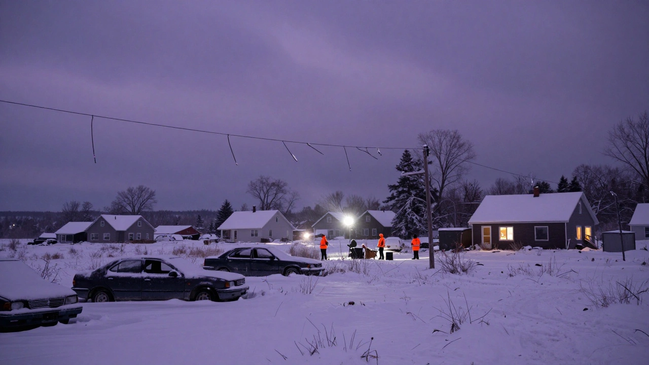 Power lines lie broken across a frozen countryside as emergency workers struggle to restore electricity.