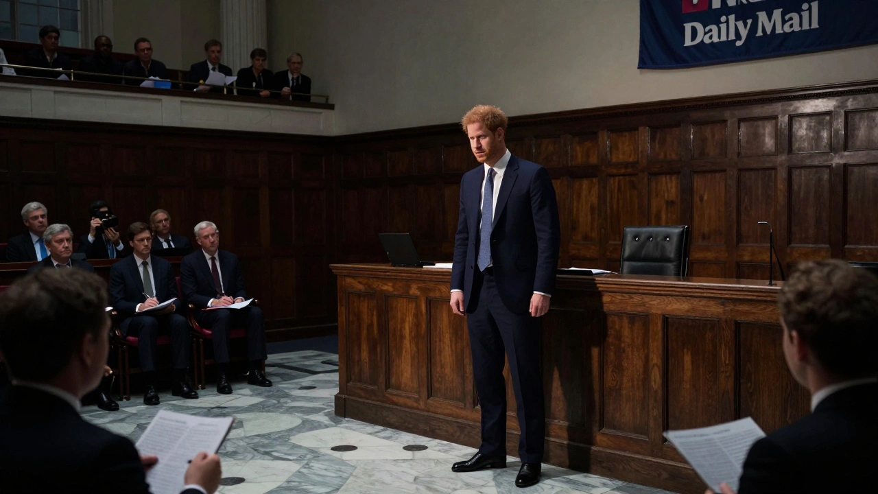 Prince Harry testifying in court under dramatic lighting, surrounded by reporters.