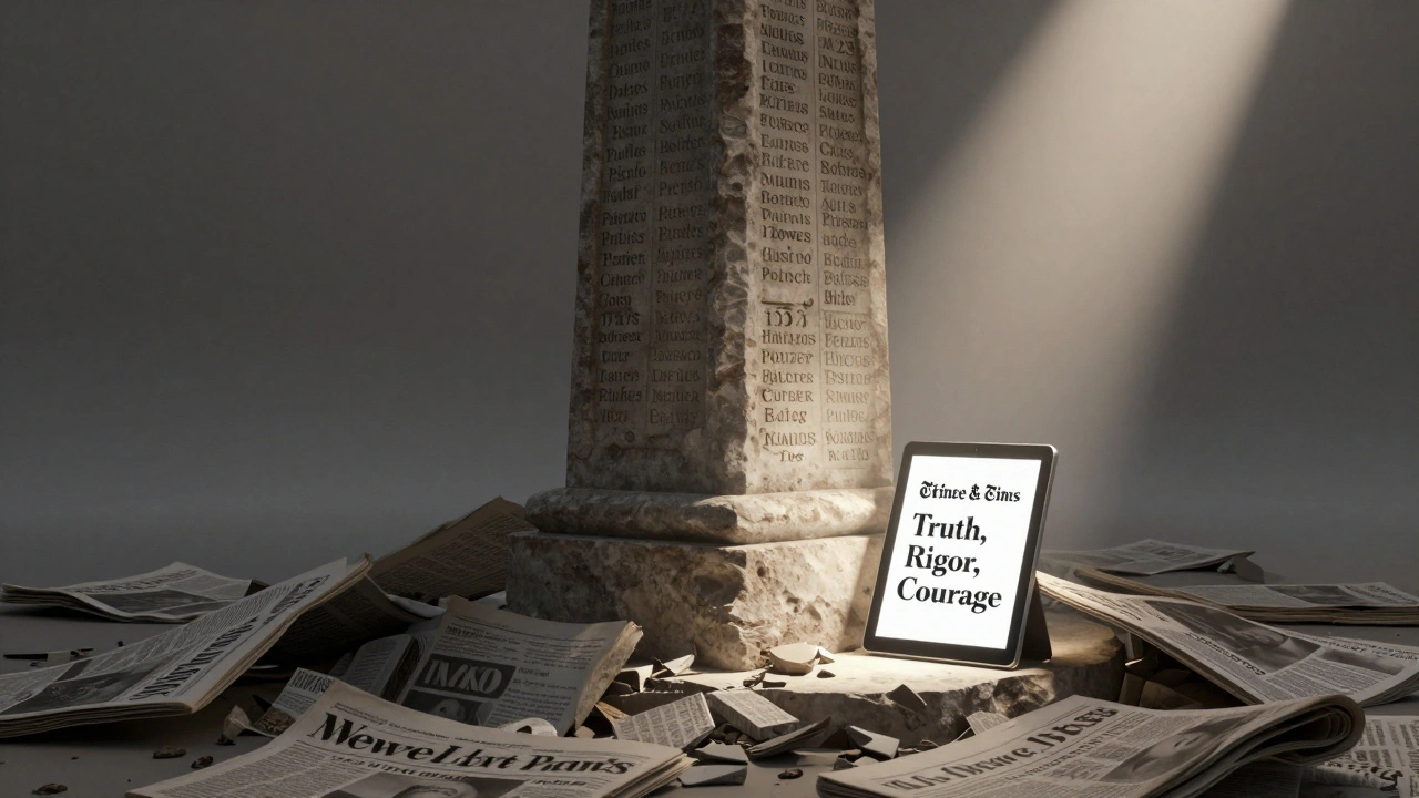 Pulitzer Prize pillar rising from fallen newspapers, illuminated by a beam of light on a digital tablet.