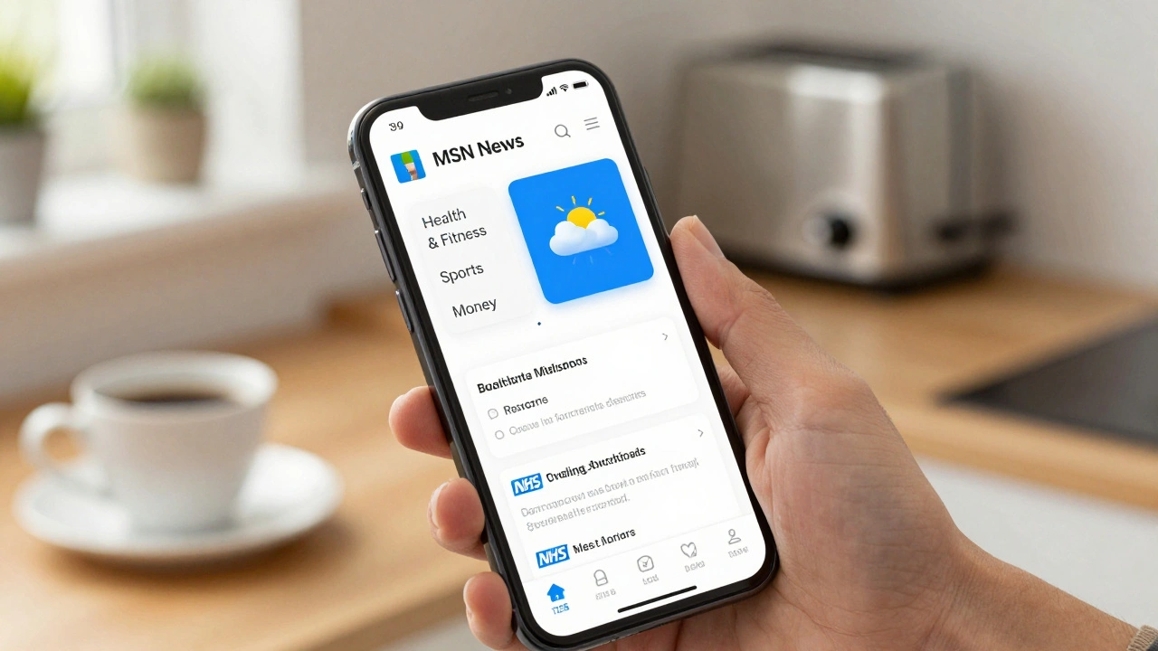 Someone using the MSN News app on a smartphone in a kitchen, displaying personalized news categories and a weather widget.