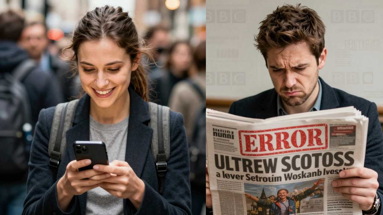 Split image: commuter happy with Express app vs. same person frustrated by sensational headline.