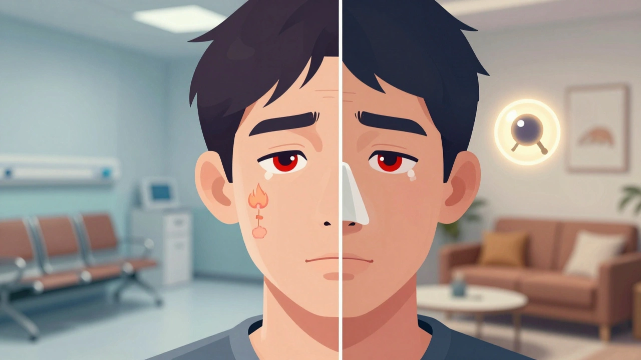 Split portrait showing cold symptoms on one side, COVID symptoms with taste/smell loss on the other.