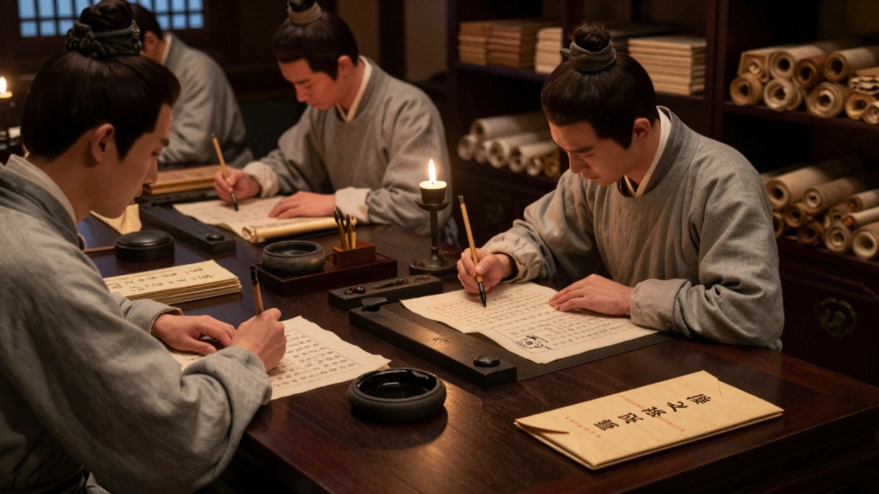 Tang Dynasty clerks copying government bulletins by candlelight in a scriptorium.