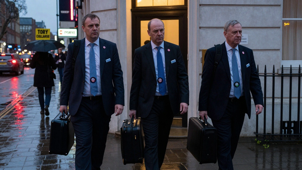 Three Conservative MPs leaving party headquarters at night, now wearing Reform UK badges.