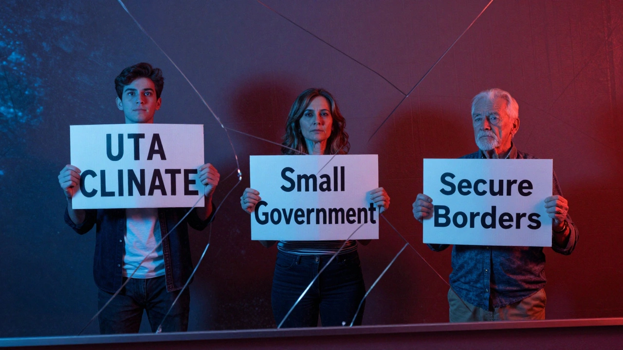 Three generations reflected in a fractured mirror, representing polarized political identities.