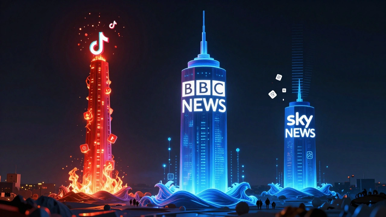 Three symbolic news towers rising in a digital world, representing audience reach and social media growth.