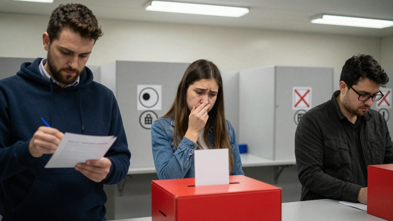 Three voters in a polling booth, each showing different levels of political certainty.