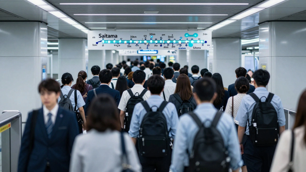 Tokyo's packed metro station during rush hour, with commuters and glowing transit lines extending into surrounding cities.