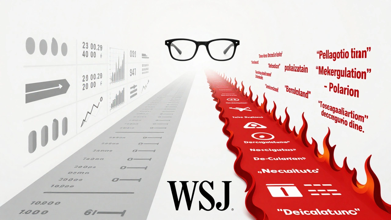 Two diverging paths from the WSJ logo: one data-driven and gray, the other fiery and ideological.
