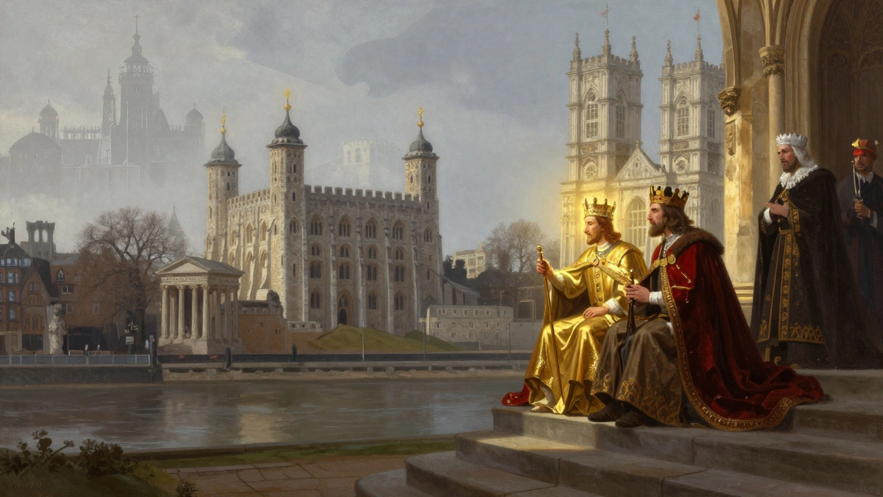 William the Conqueror crowned at Westminster Abbey as London rises behind him, fading relics of past capitals in the mist.