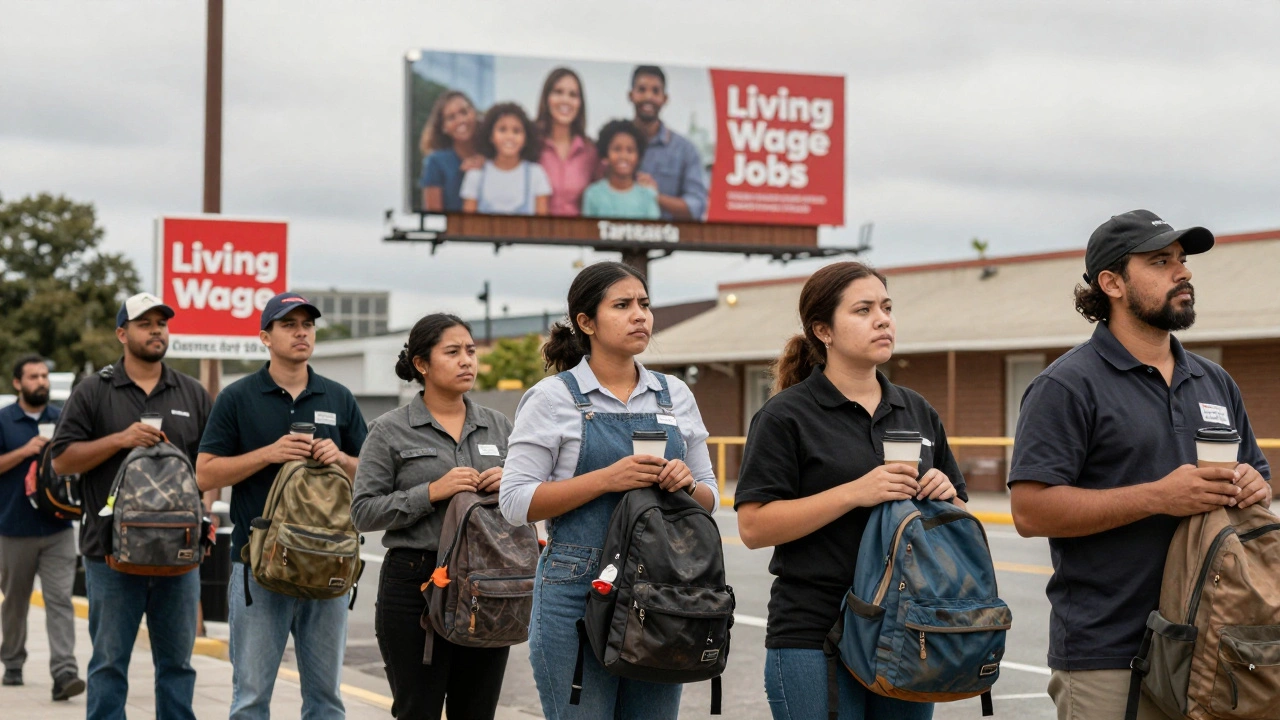 Workers standing outside a job center under a billboard about living wages.