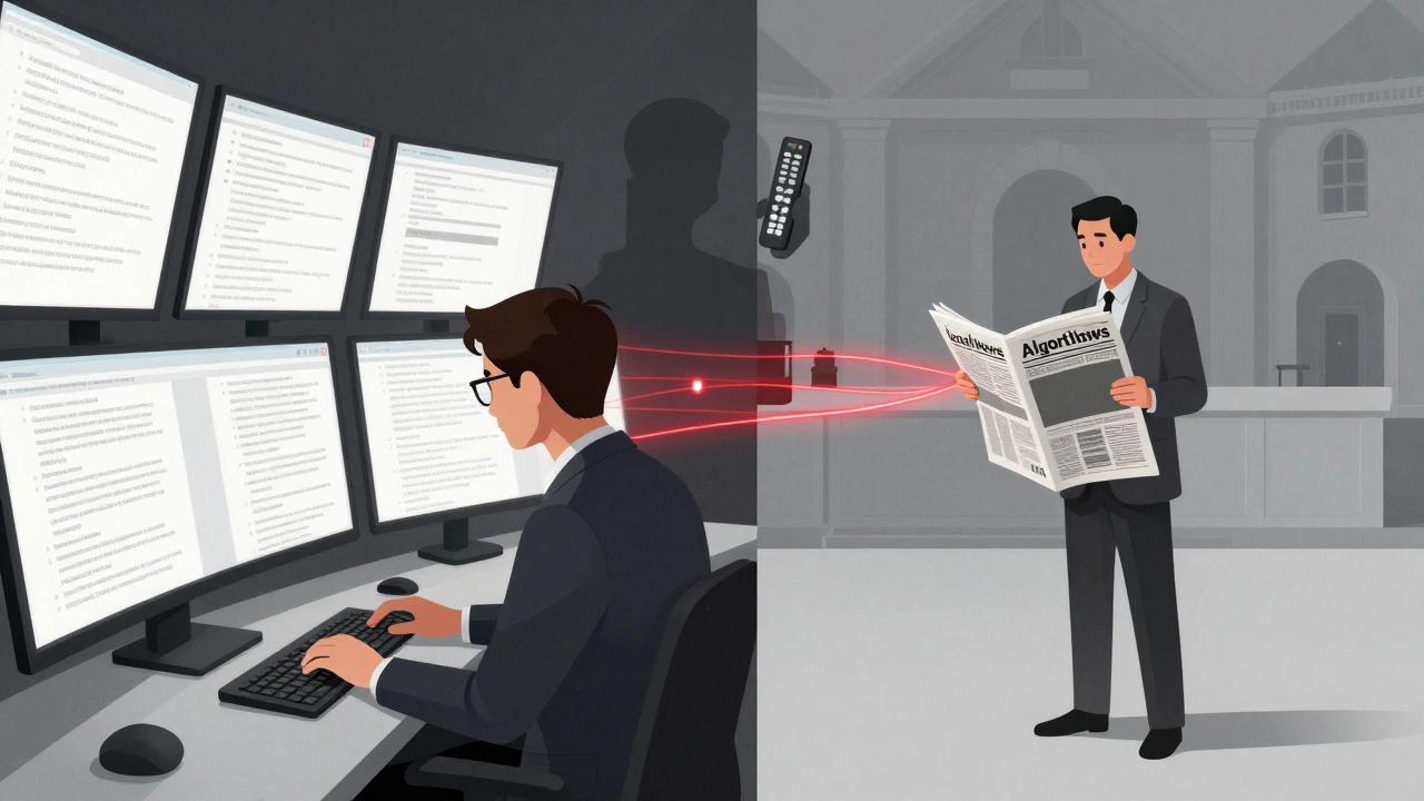 A journalist faces AI-generated news screens while a resident stands alone in an empty town hall.