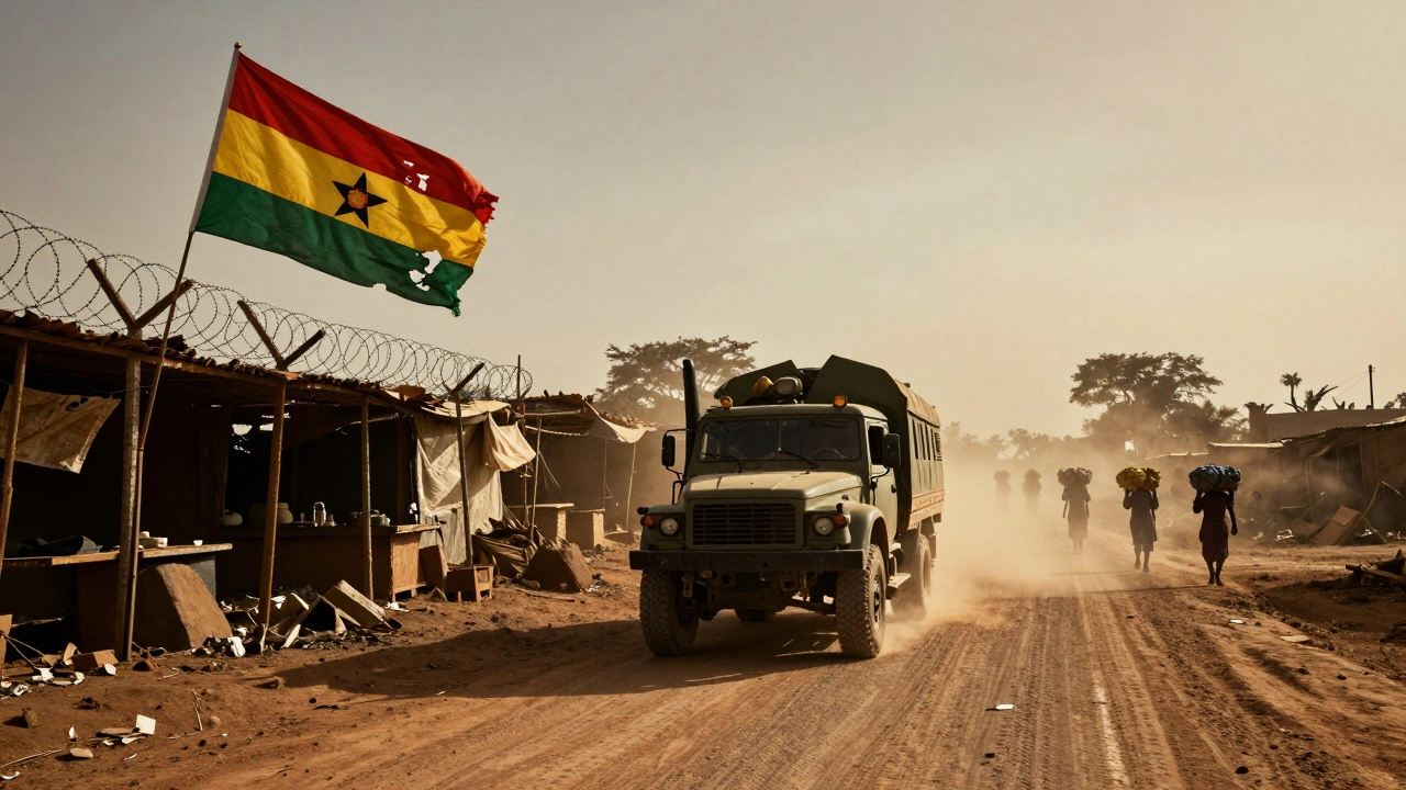 A military convoy passing abandoned stalls and a torn regional flag in Burkina Faso, representing institutional collapse.