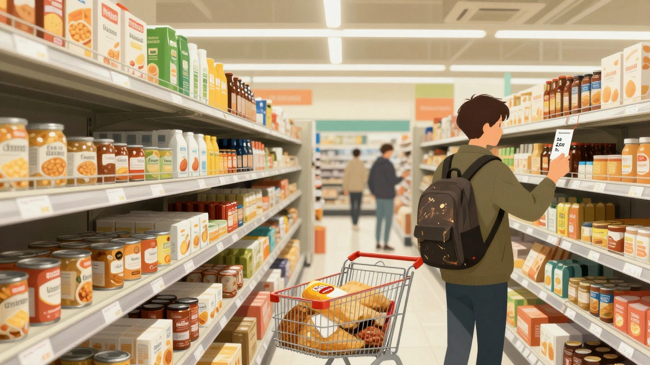 A shopper in a grocery store compares prices on low-cost food items amid empty shelves.
