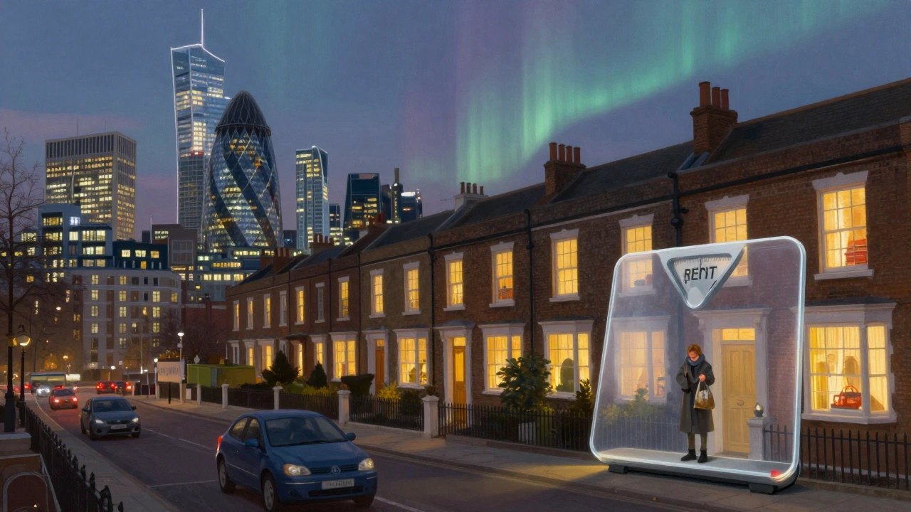 A split cityscape shows luxury homes on one side and struggling households on the other, weighed down by living costs.