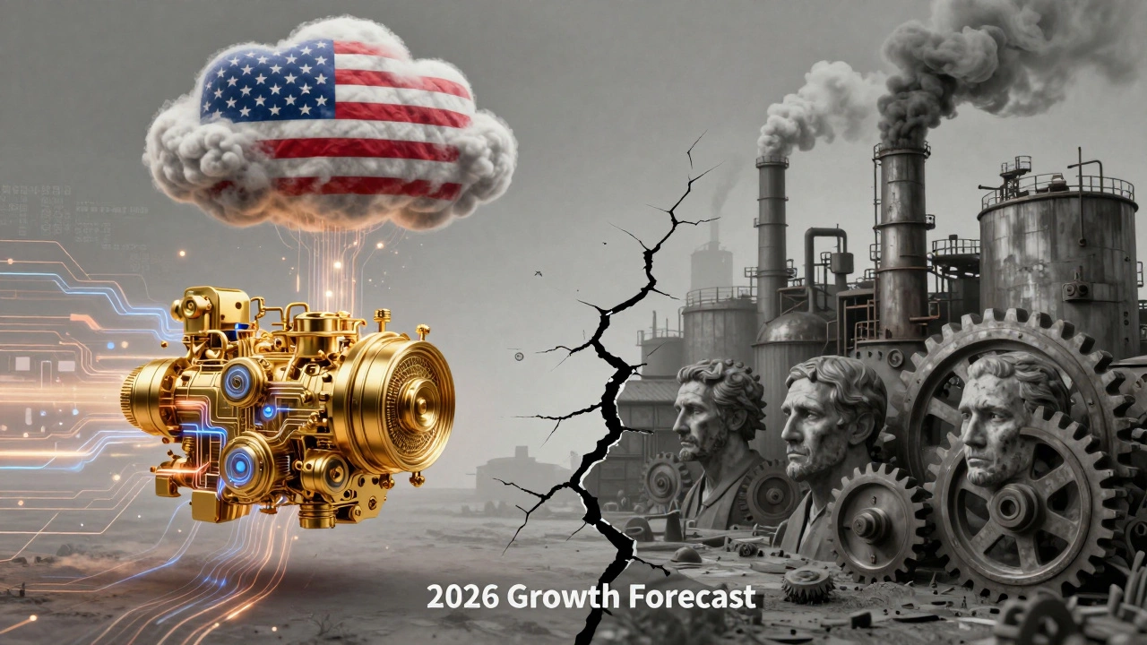 A split scene showing advanced AI-driven growth on one side and stagnant industry on the other.