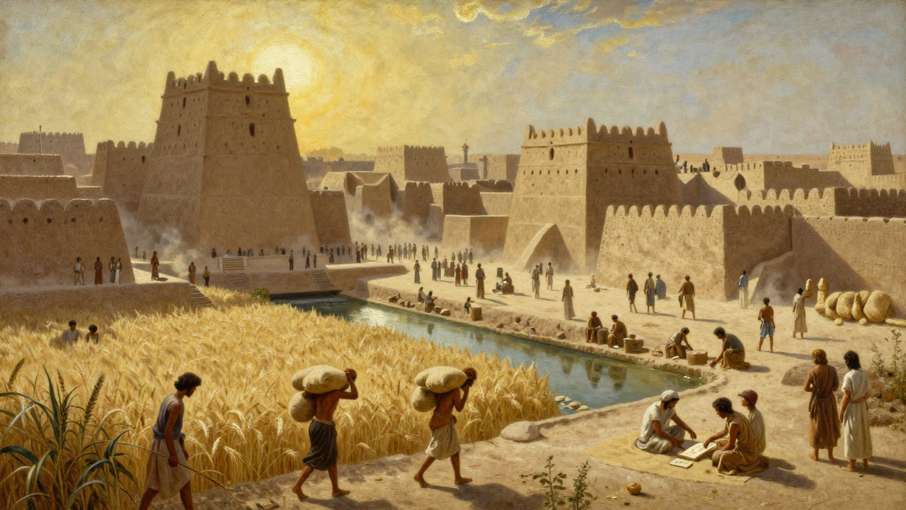 Ancient city of Uruk with ziggurats, canals, and people hauling grain under a bright sun.