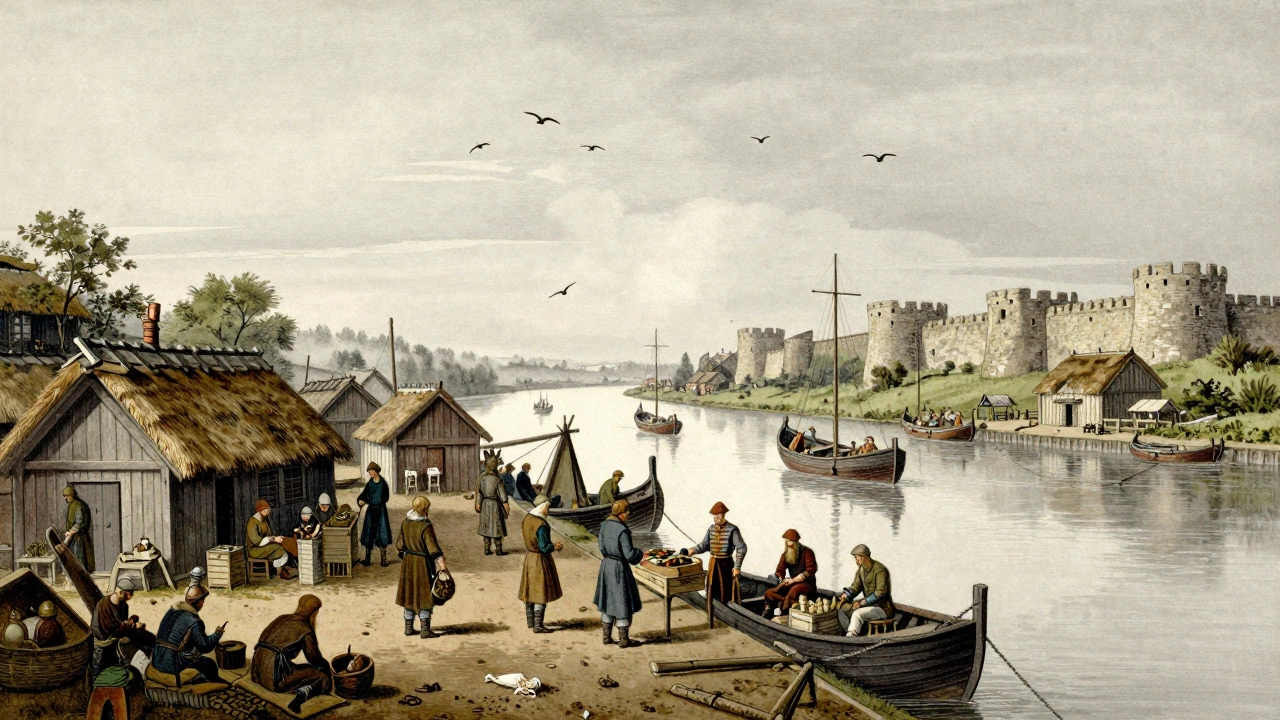 Anglo-Saxon trading port of Lundenwic by the Thames, with wooden huts and longships.