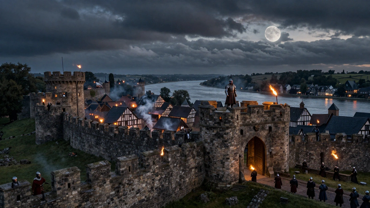 Fortified Lundenburh under Alfred the Great, with stone walls and torch-lit ramparts.