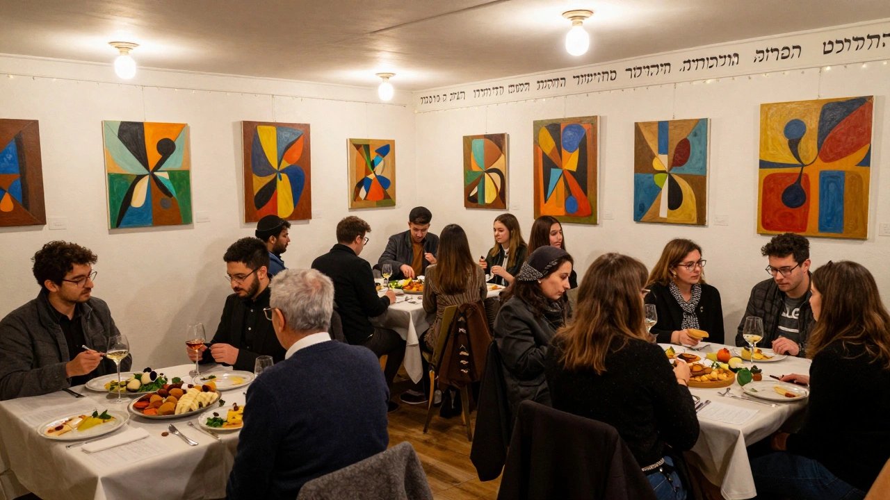 Jewish families and artists socializing in a repurposed synagogue basement gallery in Margate, lit by warm lamps.