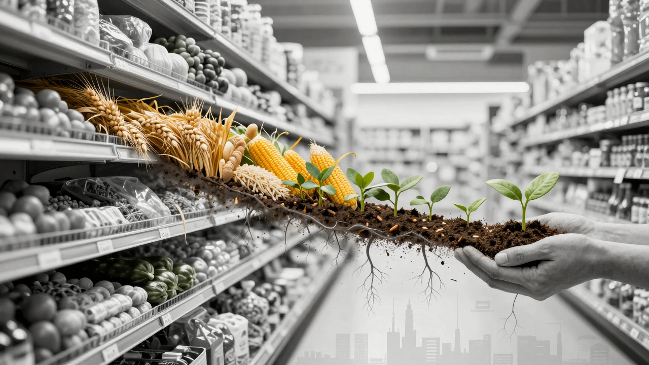 Modern grocery shelf blending into ancient crops and roots, with faint cities and circuits emerging below.