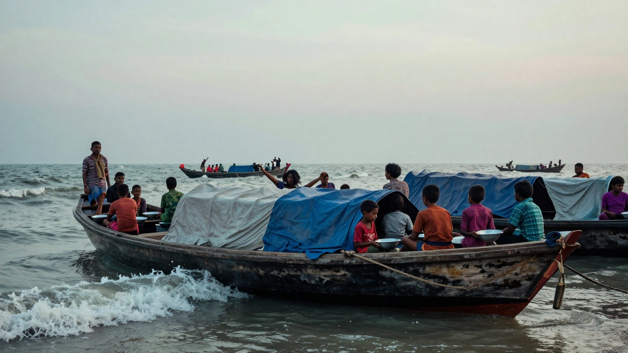 Overcrowded boats drifting in the Bay of Bengal with families clinging to survival, illustrating migration from hunger.