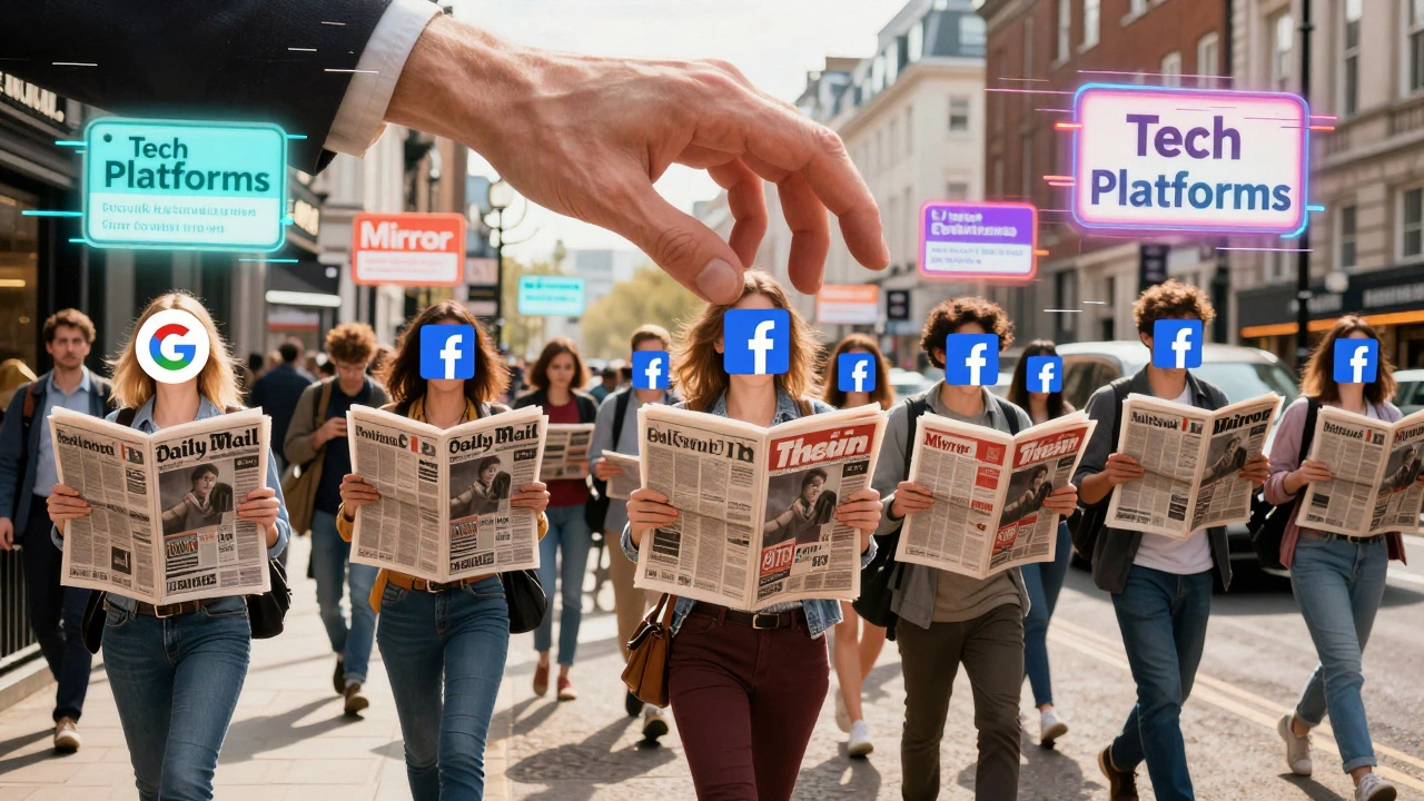 People walk down a street holding newspapers, their faces hidden by digital filters of Google and Facebook icons.