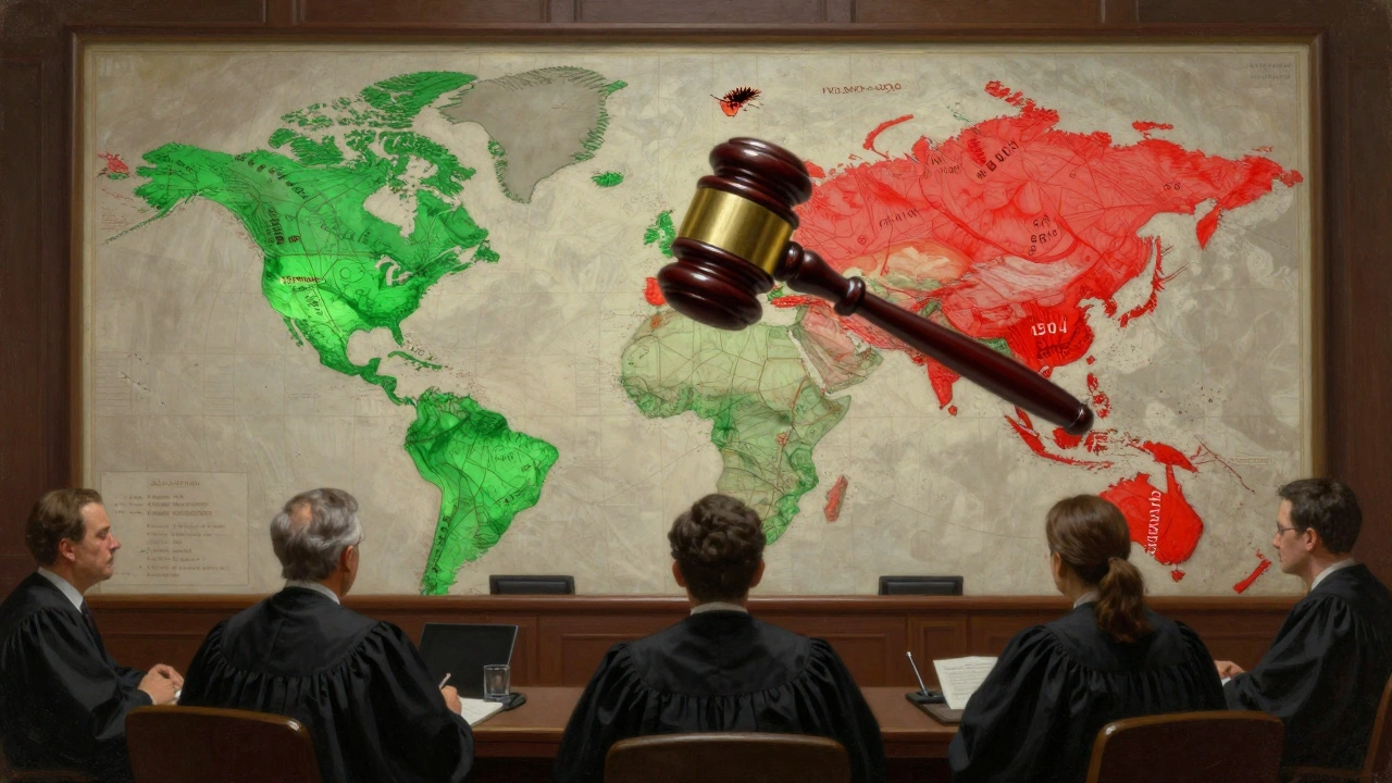 The U.S. Supreme Court courtroom with a global trade map, representing the looming tariff ruling.